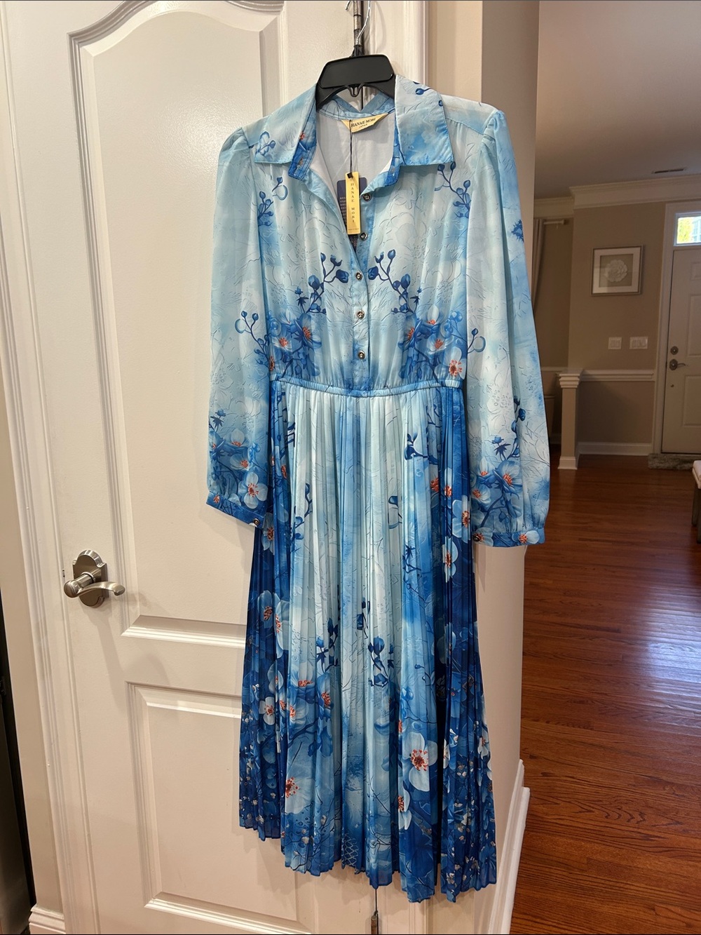Light Blue Floral Pleated Midi Dress